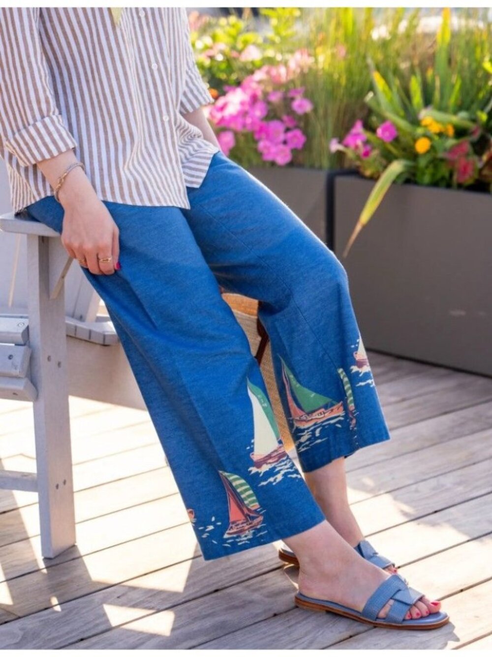 Tuckernuck Sailing Chambray Cropped Wide Leg Pants Newport Regatta Size S New